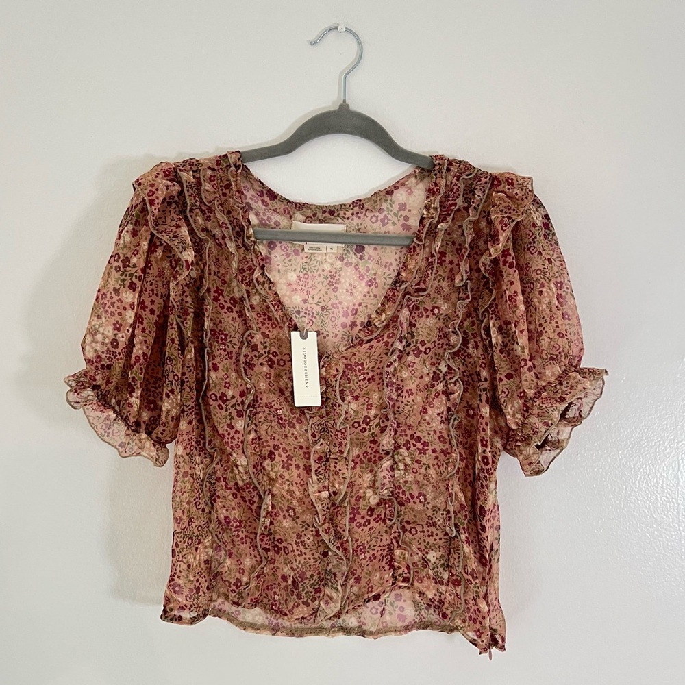 NWT New Anthropologie Floral Puff Sleeve Ruffle Boho Cottagecore Blouse Top M - Picture 2 of 8
